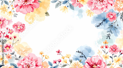 Blooming watercolor flower garden background frame.
