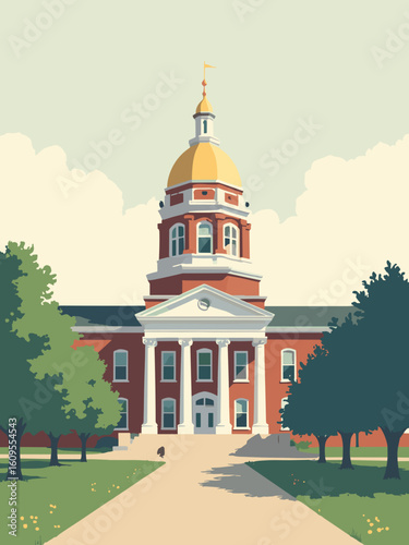 Iowa City, IA – Old Capitol dome and Ped Mall in dome gold, campus brick, sky white, and lawn green