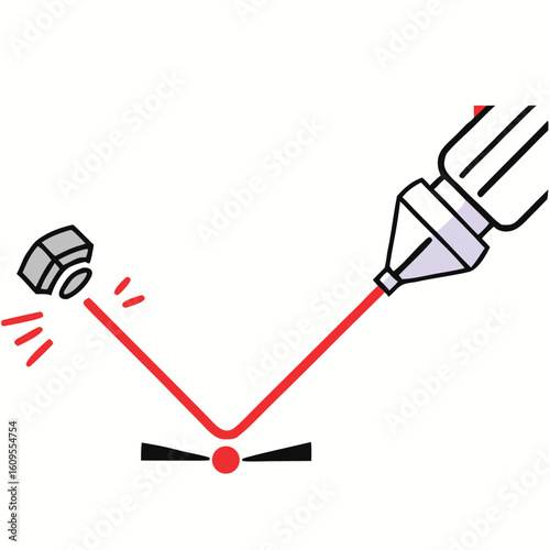 Gray object interacting with red laser beam and targeting indicator vector