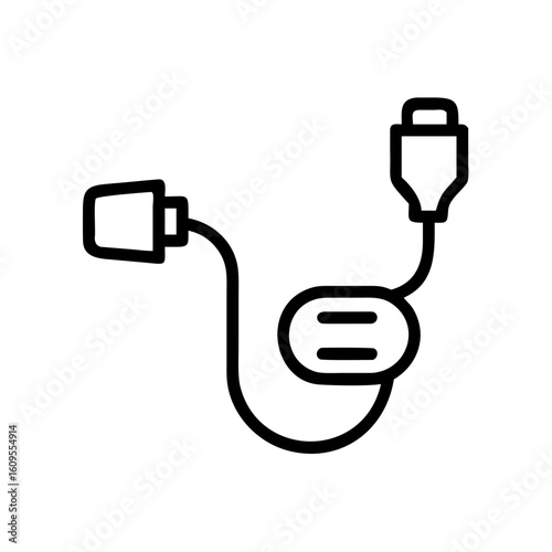 Illustration of a black outline of a charger with two plugs and a regulator on a white background