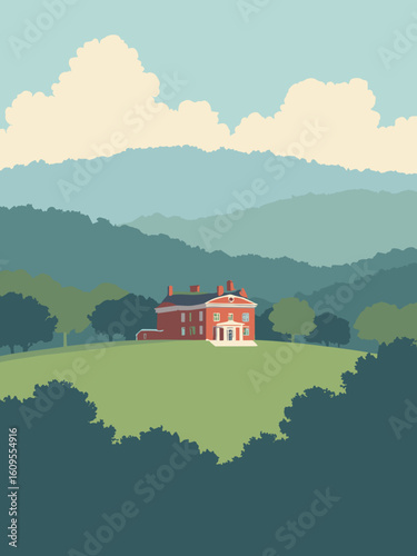 Danbury, CT – Tarrywile Park mansion and rolling hills in brick red, lawn green, sky blue, and morning mist gray