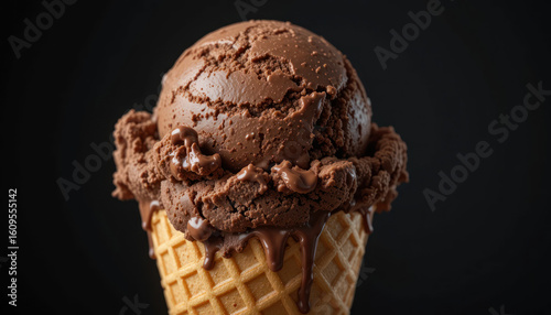 Delicious Chocolate Ice Cream Scoop Dripping on a Waffle Cone.