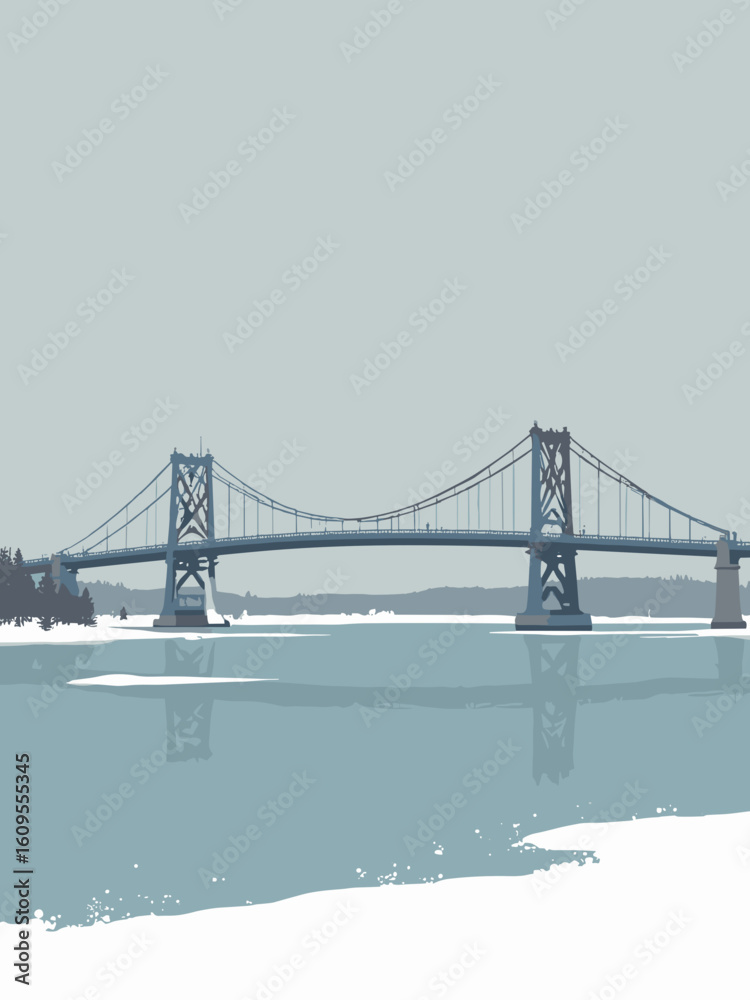 Fototapeta premium Duluth, MN – Aerial Lift Bridge over icy harbor in steel gray, ice white, lake blue, and overcast silver