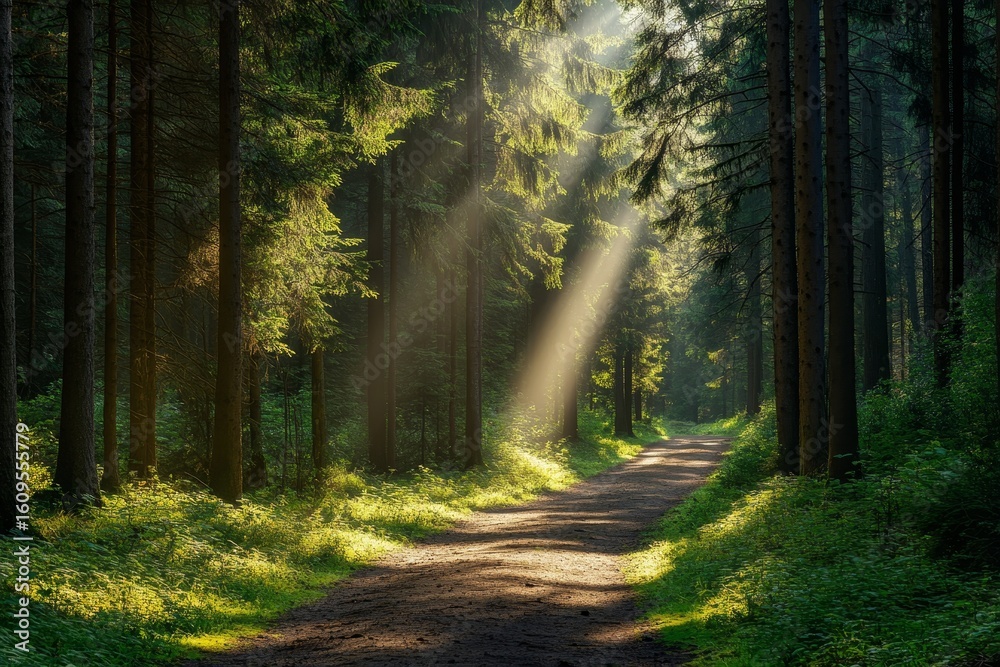 Fototapeta premium A peaceful forest trail illuminated by rays of sunlight peeking through the trees, creating a stunning scenic world landscape wallpaper background