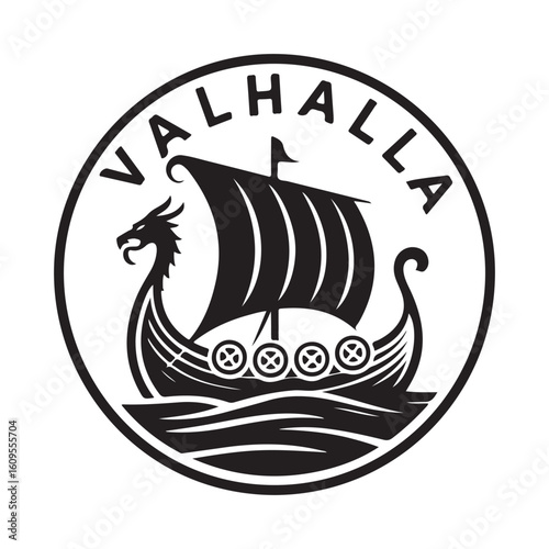 Valhalla viking ship logo in black and white circle illustration