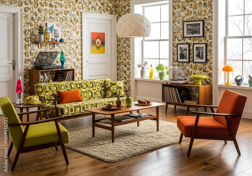 Concept of retro interiors vintage room style art built in 1960s. arts, picture, wall paper, color ful .