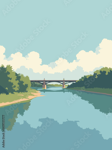 Sioux City, IA – Missouri Riverfront and Sergeant Bluff in river blue, bluff tan, pine green, and sky white