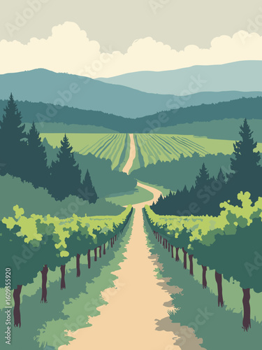 Kennewick, WA – Columbia Park trails and vineyards in grape green, river teal, trail beige, and overcast gray
