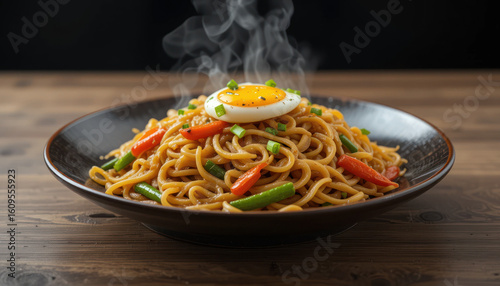 Steaming Plate of Stir-fried Noodles with Egg and Vegetables.
