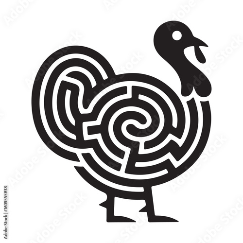 Black and white image of a turkey maze with a visible eye and wattle