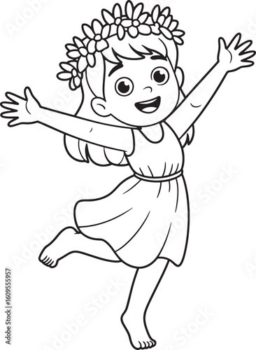 young nymph with flower crown and flowing dress arms stretched in joy line art stock royalty free image premium quality