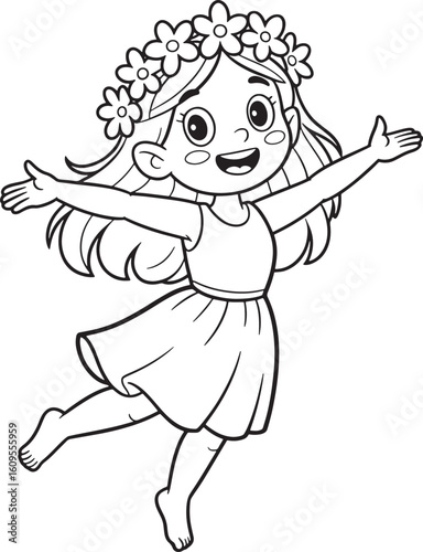 young nymph with flower crown and flowing dress arms stretched in joy line art stock royalty free image premium quality