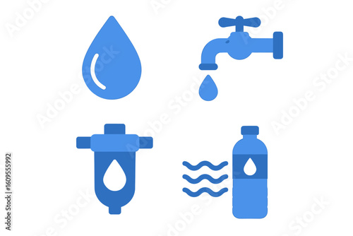 Water icons set: drop, faucet, filter, bottle in blue design