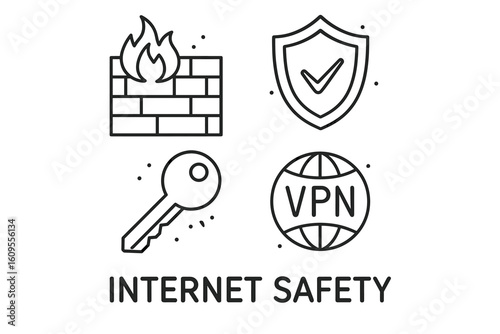 Internet safety icons: firewall, shield, key, vpn for secure browsing