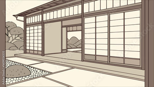 Illustration of a traditional japanese house with sliding doors and a garden with trees and mountains