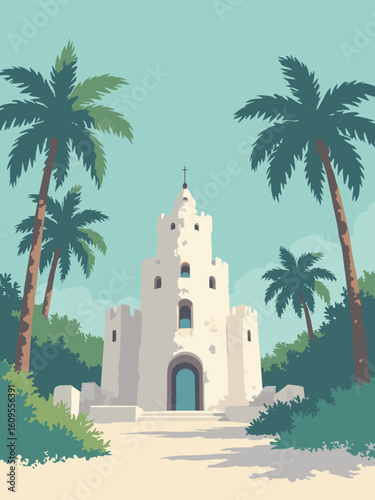 Homestead, FL – Coral Castle sculptures and tropical groves in coral gray, palm green, stone white, and sky teal