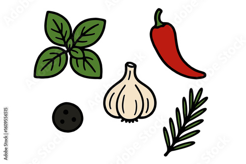 Herbs and spices: basil, garlic, chili pepper, rosemary, and peppercorn illustration