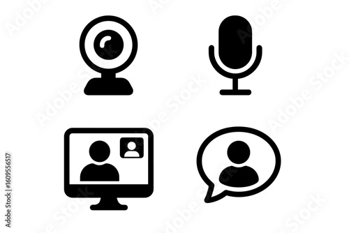 Video conference icons: webcam, microphone, computer screen, speech bubble