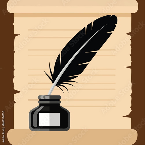 Black Quill Pen Resting in Inkwell on Lined Parchment Scroll.