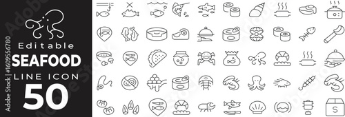 Seafood and fish set of web icons in line style. Restaurant and marine food linear icons collection. Containing shrimp, tuna, crab, octopus, squid, lobster, prawn, oyster, scallop. Editable stroke.