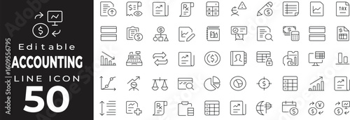 Accounting and finance set of web icons in line style. Business and money management linear icons collection. Containing tax, invoice, balance, accountant, dollar, banking, audit, payment, report. Edi
