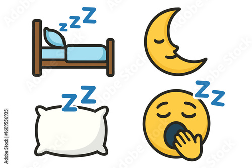Sleeping icons set with bed, moon, pillow, and yawning emoji