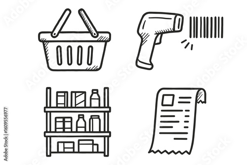Hand-drawn grocery icons: shopping basket, barcode scanner, grocery shelf, receipt