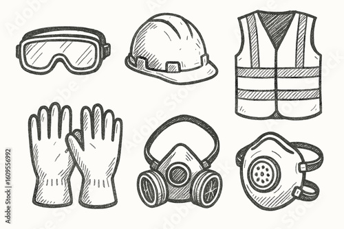 Hand-drawn safety equipment illustration of goggles, hard hat, vest, gloves, and masks