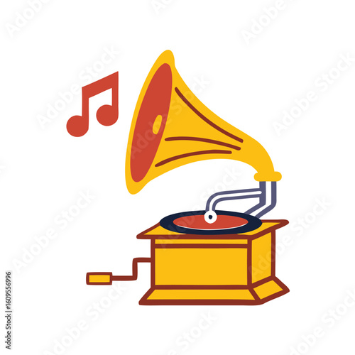 Vintage gramophone playing music notes retro