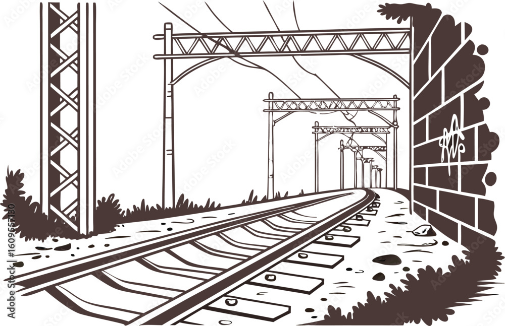 Fototapeta premium Railway tracks with overhead wires and brick wall poles