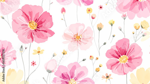Vector handdrawn floral seamless pattern, delicate flowers, yellow, blue and pink flowers. Can be used for fabric textile wallpaper fashion print design 