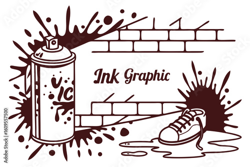 Spray paint can splash on brick wall with shoe aerosol can