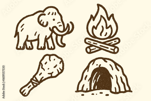 Cave dwelling icons: mammoth, fire, club, and cave art