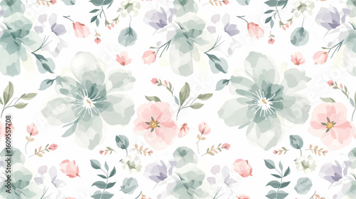 Seamless pattern of vibrant watercolor flowers and elegantly shaped leaves on white background, striking visual appeal perfect for any project or creative endeavor. Delicate watercolor flower