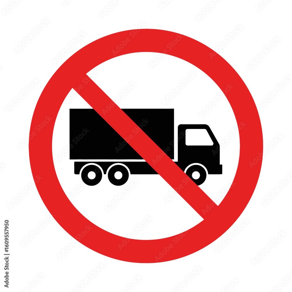 A road sign showing a truck inside a red circle with a line. A road sign showing a truck inside a red circle with a line.