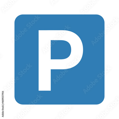 Blue parking sign with a white letter p on a white background.
