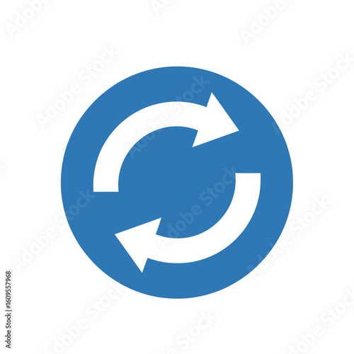 Blue circle with two white arrows rotating in a circular motion.