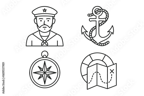 Nautical icons: captain, anchor, compass, map in black and white line art