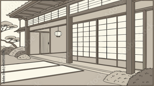 Illustration of a traditional japanese house with shoji screens and a garden with bonsai trees