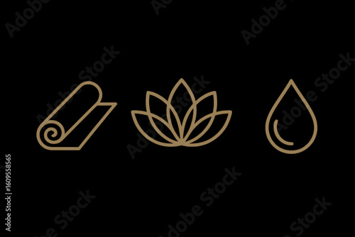 Minimalistic icons: yoga mat, lotus flower, water droplet on black background