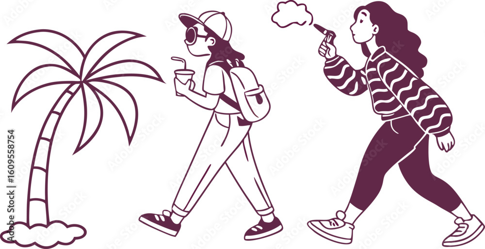 Obraz premium Palm tree and walking people illustration drink