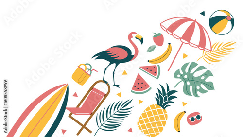 Vibrant Summer Tropical Flamingo Beach Party Design Illustration