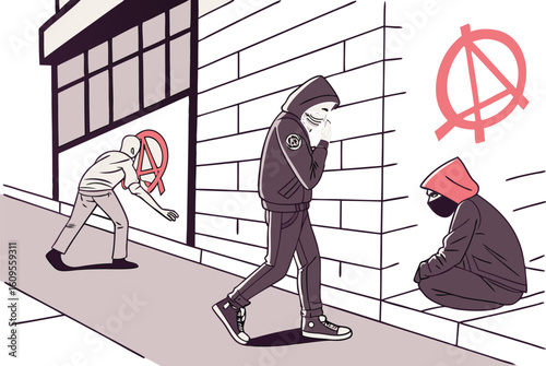 Hooded figures spray painting anarchy symbols on wall