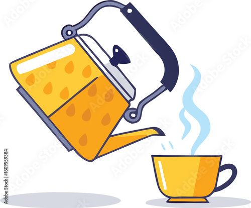 Yellow kettle pouring hot liquid into a cup steam