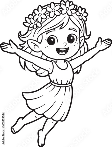 young nymph with flower crown and flowing dress arms stretched in joy line art stock royalty free image premium quality