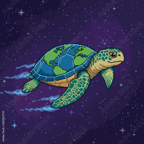 Pixelated Sea Turtle with Earth Shell Soaring Through Space.
