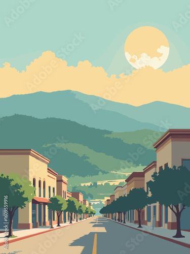 Upland, CA – Historic downtown and San Gabriel foothills in downtown beige, foothill green, sky blue, and sunset gold