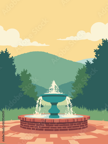 Bowling Green, KY – Western Kentucky Hilltop and fountain square in hill green, fountain teal, brick red, and sky gold