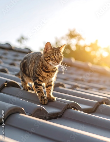 A tabby cat on a rooftop at sunset (3)