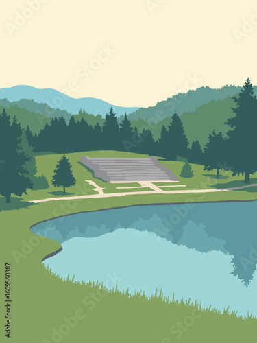 Wyoming, MI – Lamar Park lake and amphitheater in lake blue, amphitheater gray, turf green, and sky white
